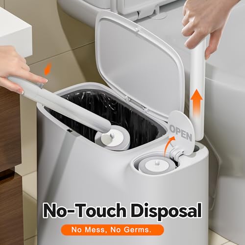 Small Bathroom Trash Can with Lid, Disposable Toilet Brush with 12 Refills, Toilet Bowl Cleaning Wand Set-2 Gallon Silm Garbage can and Toilet Brush Holder for Bathroom, Toilet, RV(White)