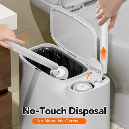 Small Bathroom Trash Can with Lid, Disposable Toilet Brush with 12 Refills, Toilet Bowl Cleaning Wand Set-2 Gallon Silm Garbage can and Toilet Brush Holder for Bathroom, Toilet, RV(White)