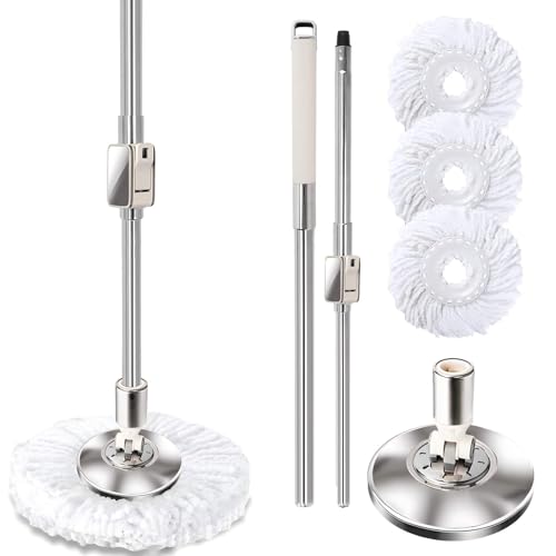 Replaceable Handle for Rotating mop, 360° Rotation Adjustment,Wet Dusting Mop, Includes 3 Microfiber Mop Replacement Heads, Suitable for Floors, Walls, Outdoor Areas, and Various Home Scenarios