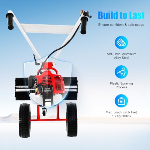 43CC 2 Stroke Power Broom Sweeper Cordless, 1.7HP Handheld Gas Power Held Sweeper Broom Grass Walk Behind Hand Lawn Sweeper with Wheels, Outdoor Turf Lawn Sweepers for Yard, Lawn, Driveway, Snow