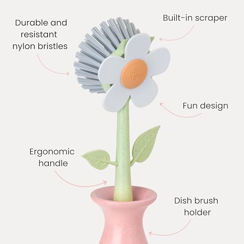 Vigar Florganic Dish Brush with Holder - Dish Scrubber with Handle for Dishes, Kitchen Sink Cleaning Brush, Pot Scrubber, Kitchen Scrub Brush, Dishwashing Brush Tool for Sink Cleaning - Pink - color: Pink
