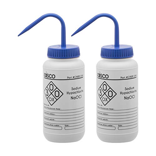 2PK Wash Bottles for Sodium Hypochlorite (Bleach), 500ml - Labeled with Chemical Information & Safety Information (1 Color) - Wide Mouth, Self Venting, Low Density Polyethylene - Performance Plastics