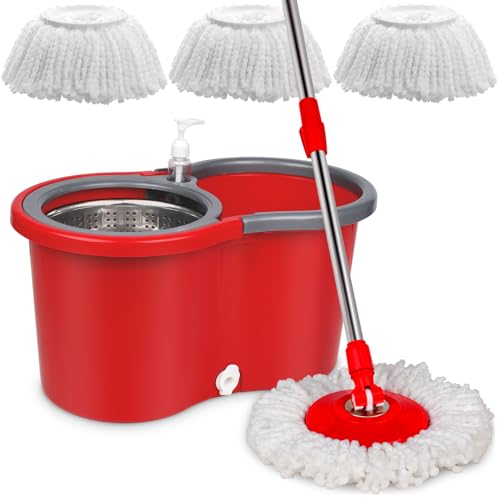 Spin Mop and Bucket, Microfiber Spin Mop & Bucket Floor Cleaning System, Spin Mop Kit with 3 Mop Heads, Mop with Stainless Steel Wringer, 61 inches Telescoping Mop Rod (Red) - color: Red