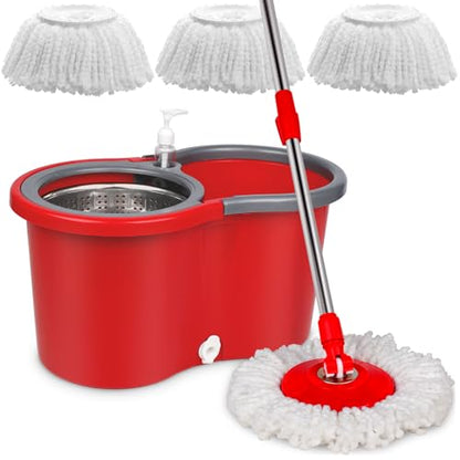 Spin Mop and Bucket, Microfiber Spin Mop & Bucket Floor Cleaning System, Spin Mop Kit with 3 Mop Heads, Mop with Stainless Steel Wringer, 61 inches Telescoping Mop Rod (Red) - color: Red
