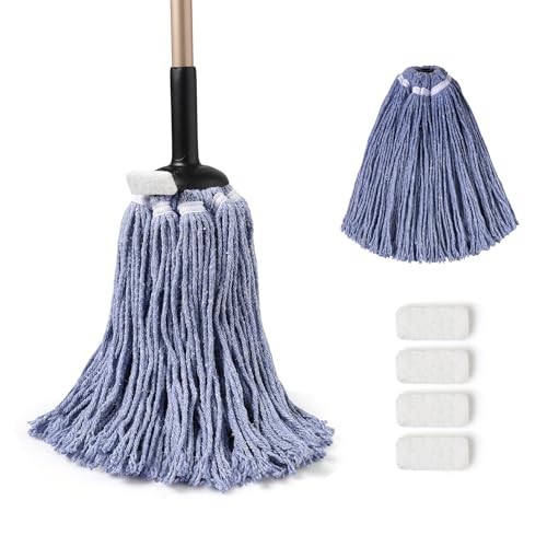 Eyliden Mop for Home & Commercial, Kitchen, Garage, Office Floor Cleaning | Non-Touch Replacement, Heavy Duty, 2 Reusable Cotton Heads, 4 Scouring Pads, Industrial Wet & Dry Mops