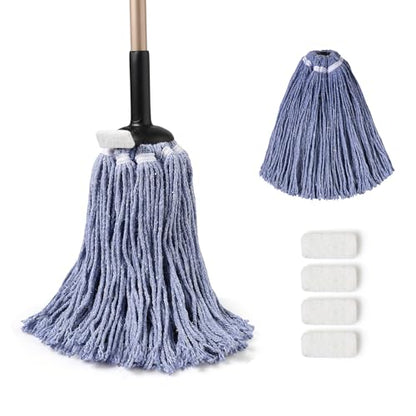 Eyliden Mop for Home & Commercial, Kitchen, Garage, Office Floor Cleaning | Non-Touch Replacement, Heavy Duty, 2 Reusable Cotton Heads, 4 Scouring Pads, Industrial Wet & Dry Mops