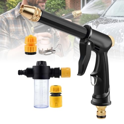 High Pressure Hose Nozzle, Adjustable Water Spray Gun with 4 Spray Modes, Metal Garden Hose Sprayer for Car Wash, Plants Watering, Patio & Outdoor Cleaning (1, Washer Gun + 3 Connectors + Foam Cannon)