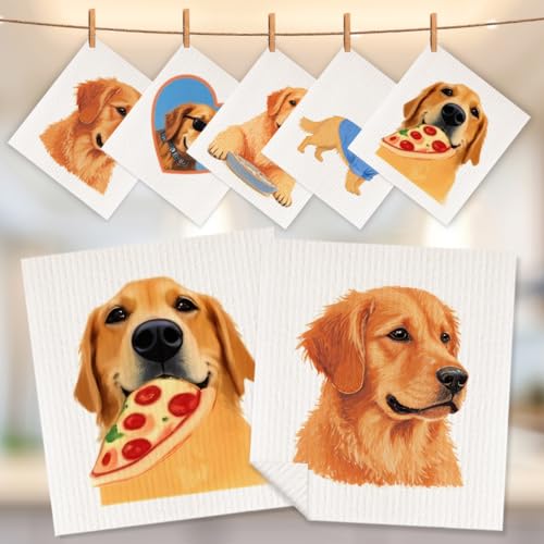 5 Pcs Cute Golden Retriever Swedish Dishcloths, Puppy Themed Swedish Dishcloth, Artistic Dish Cloths for Drying Dishes, Reusable Cleaning Cloths, Housewarming Gifts for Women - color: Lm 04241
