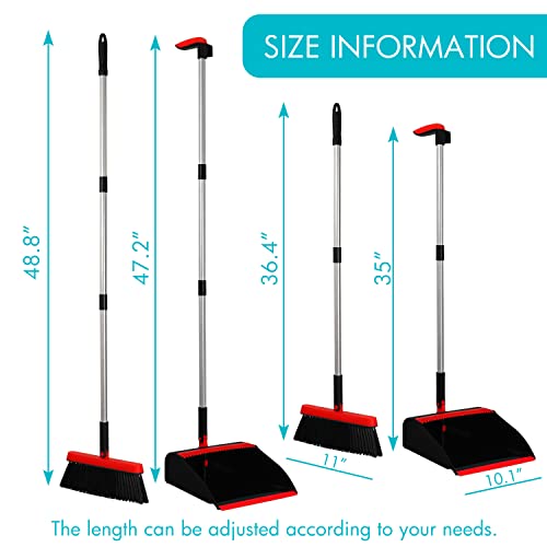 2-Pack Broom and Dustpan Combo Set, with 48" Adjustable Long Stainless Handles, Stand Up Dustpan with Self-Cleaning Teeth, Ideal for Home, Office, Kitchen, Indoor & Outdoor Use, Black