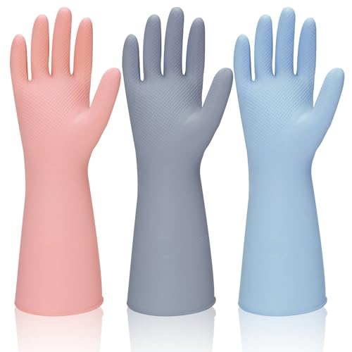 Rubber Kitchen Dishwashing Gloves - 3 Pairs Reusable Household Cleaning Gloves, Flexible and Durable & Non-slip Cleaning Gloves, Great for Kitchen, Bathroom, Laundry (Medium, Pink+Blue+Grey) - color: Pink+blue+grey, size: Medium