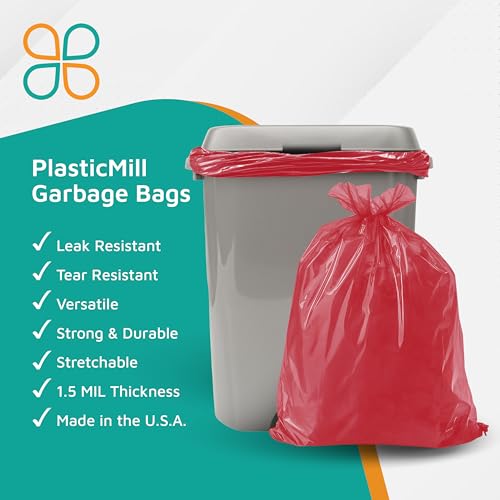PlasticMill Heavy Duty Trash Bags - Red Garbage Bags - Plastic Waste Bags - Tall Trash Sacs, Trash Can Liners - 33-Gallon Large Kitchen Trash Bags, 1.5 Mil, 33"x39" (100-Count) - size: 1 Count (Pack of 100)