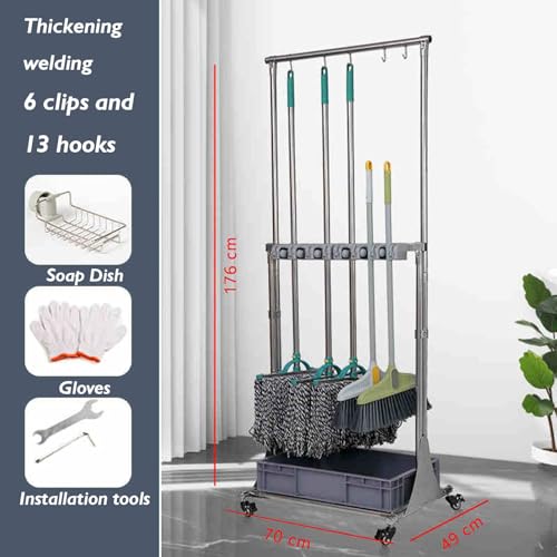 Mop and Broom Rack, Removable Broom Organizer Storage Tool Rack, Can Hold Wet Mops Stainless Steel Can Hold Long Handled Tools/Rakes/Brooms(176x70x49cm) - size: 176x70x49cm