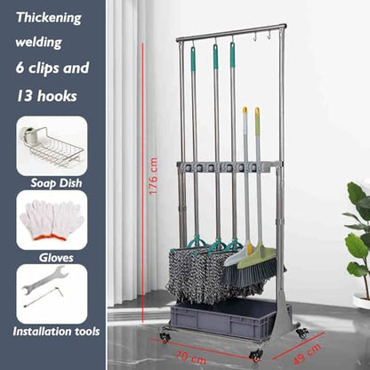 Mop and Broom Rack, Removable Broom Organizer Storage Tool Rack, Can Hold Wet Mops Stainless Steel Can Hold Long Handled Tools/Rakes/Brooms(176x70x49cm) - size: 176x70x49cm
