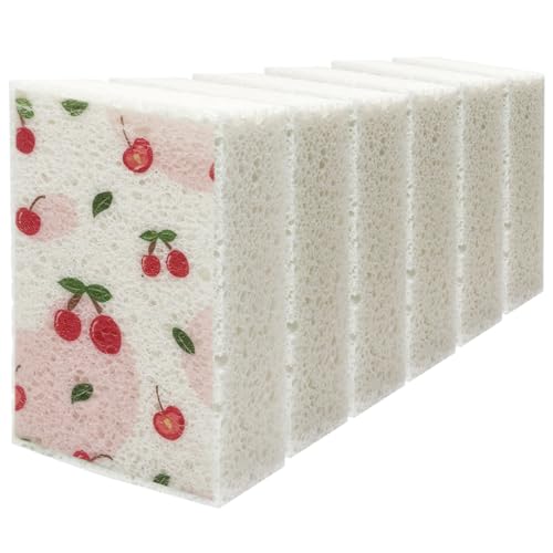 Scratch Scrub Sponge, 6 Kitchen Sponges for Cleaning Around the Home, Bathroom & More, Large Size Scratch-Free Dish Scrubber, Best for Nonstick Pots and Pans (4" x 6" x 1",Cherry - color: Cherry