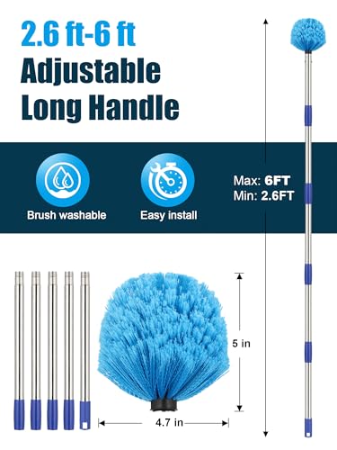 Cobweb Duster with Extension Pole, Outdoor Spider Web Brush with 6 ft Long Handle, Metal Cob Web Remover for High Ceilings Fans Indoor Cleaning, Medium-Stiff Bristles Dust Brush, Lightweight Cleaner - size: 6 FT