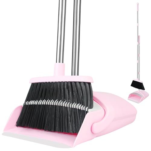 BSKLIN Broom and Dustpan Set for Home, 52" Long Handle Standing Broom Set with Dustpan Self-Cleaning Teeth for Hair Removal Heavy Duty Indoor Outdoor Sweeping Kit for Kitchen Garage (Pink) - color: Pink