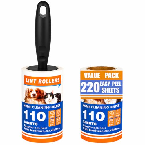 Lint Roller 220 Sheets with 1 Handle, Pet Hair Remover for Laundry, Extra Sticky Lint Rollers for Pet Hair on Clothes, Furniture & Car - Dog & Cat Hair Removal Tool - size: 220 Sheets with 1 Handle