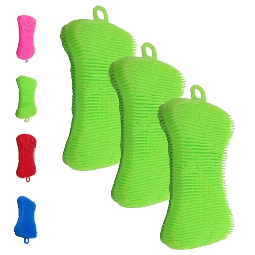 Gadgetime USA Silicone Dish Sponge - Dishwashing Kitchen Scrubber - Double Sided Sponge Brush - Multipurpose & Reusable Silicone Dish Sponges for Dishes, Fruits & Vegetables Cleaning - Green (3 Pack) - color: Green