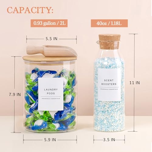 KOSKIMER Glass Laundry Detergent Dispenser Set, Liquid Detergent Containers, Scent Booster & Bleach Dispenser for Laundry Room (2 Bottles & Jar) - size: 2 Bottles & Jar