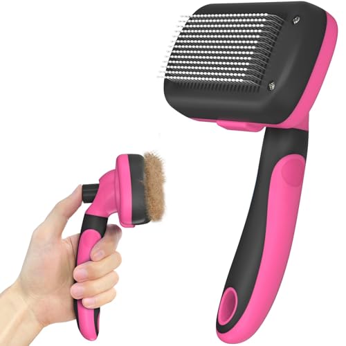 Dipoo Self-Cleaning Pet Grooming Brush - Skin-Friendly Deshedding Tool for Dogs & Cats in Pink, Removes Loose Hair and Tangles - color: Pink