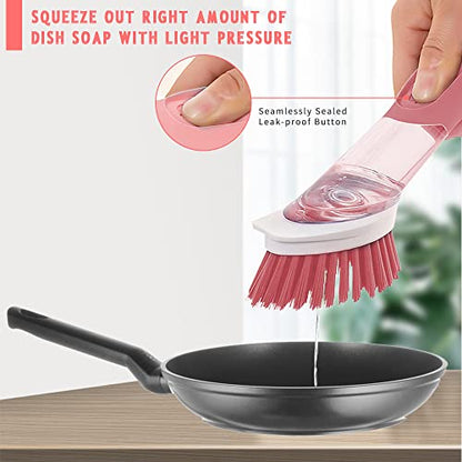 Dish Cleaning Brush, Soap Dispensing Dish Brush Set with 4 Replacement Heads and Storage Holder, Kitchen Scrub Brush for Dish Pot Pan Sink Cleaning (Pink) - color: Pink