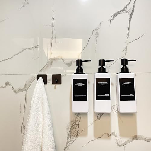 Shampoo Dispenser for Shower Wall, Shampoo and Conditioner Dispenser with 16 Waterproof Labels, No Drill Shower Soap Dispenser Bathroom, Shower Soap Dispenser Wall Mounted 3 Chamber, 17oz,White - color: White Bottle + Black Pump
