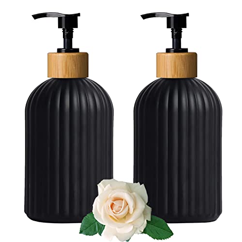 Black Glass Soap Dispenser Set with Bamboo Pump, 13.5oz Refillable Liquid Hand Soap Dispenser, Lotion Dish Soap Dispenser for Modern Home Decor, Bathroom, Kitchen Countertop, Hotel(2 Pack) - color: Black B