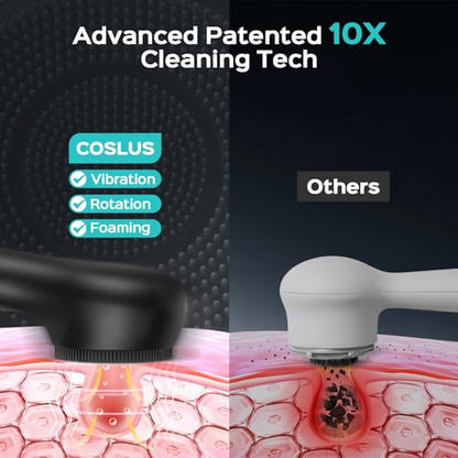COSLUS FBS03 Face Scrubber Facial Cleansing Brush: 2 in 1 Spin and Vibration Patented, Silicone Electric Exfoliator Scrubber with Automatic Foaming, Waterproof Face Cleanser Brush for Men and Women - color: Black
