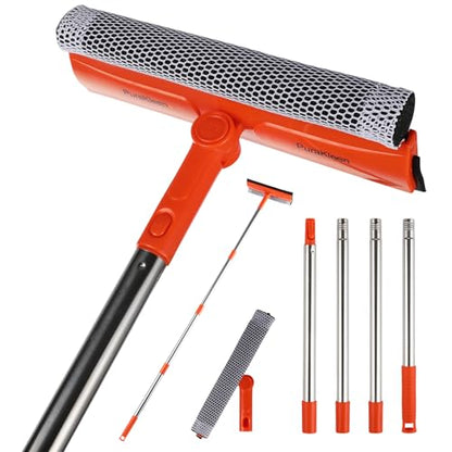 Window Squeegee with 62" Adjustable Stainless Steel Pole —2-in-1 Sponge Scrubber &Streak-Free Blade, No Ladder for 1-Story &Skylights,Car &RV Windshields,Shower Doors,Tile Orange