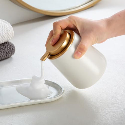 Enra Foaming Soap Dispenser,12 oz Beige Ceramic Modern Foam Hand Soap Dispenser for Bathroom,Kitchen with Easy-to-Press Pump (White Foam Gold Pump) - color: Foam-white-gold Pump