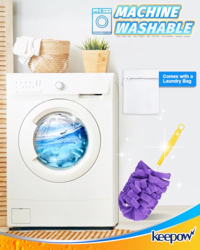 KEEPOW 4+1 Pcs Pads Compatible with Swiffer Reusable Pads with Handle Set | Reusable Fleece Duster Kit With Handle, Washable Pads For Efficient Home Cleaning And Multi-Surface Dust Removal - color: 1yellow+1blue+1purple+1rose Red, size: 4+1 Pack(with hand