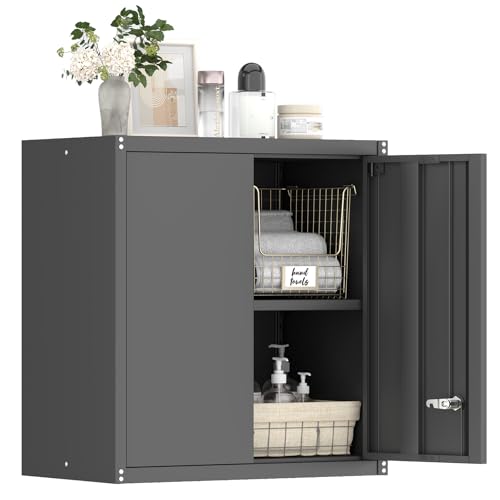 GREATMEET Metal Garage Wall Cabinet, Wall Mounted Metal Storage Cabinet with Locking Doors and Shelves, Floating Hanging Garage Cabinet for Shop, Basement, Warehouse (Black, 28" H) - color: Black, size: 28"H-Wall Mount
