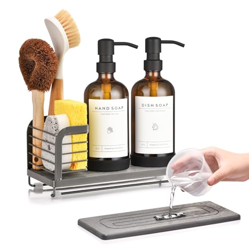 Kitchen Soap Dispenser Set with Drying Tray – 16oz Glass Bottles with Stainless Steel Pumps, Sink Organizer Caddy with Brush Holder & Non-Slip Feet – All-in-One Dish & Hand Soap Station - color: Grey Sink Caddy + Amber Bottle + Black Pump