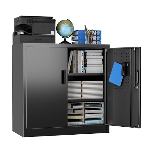 SUXXAN Metal Storage Cabinet with Pegboard 31.5”H×31.5”W×16.5”D, Lockable Rolling Steel Storage Cabinet with 2 Adjustable Shelves and Door for Garage, Office, Kitchen, Assembly Required(Black) - color: Black, size: 16.5"D x 31.5"W x 31.5"H