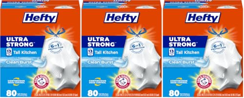 Hefty Ultra Strong 13 Gallon Trash Bags, Tall Kitchen Trash Bags 13 Gallon Size, Drawstring Closure, Continuous Odor Control, White, Clean Burst Scent, 80 Bags (Pack of 3) - size: 80 Count (Pack of 3), style: Clean Burst