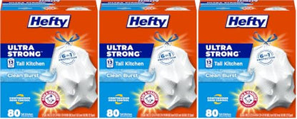 Hefty Ultra Strong 13 Gallon Trash Bags, Tall Kitchen Trash Bags 13 Gallon Size, Drawstring Closure, Continuous Odor Control, White, Clean Burst Scent, 80 Bags (Pack of 3) - size: 80 Count (Pack of 3), style: Clean Burst