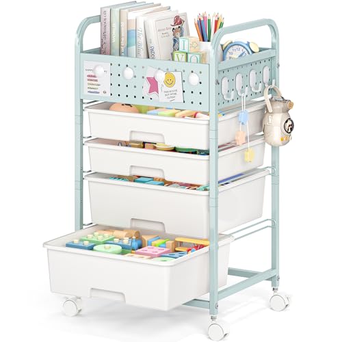 4 Drawer Rolling Storage Cart with Pegboard Top and Hooks, Mobile Organizer Cart with Wheels for Office Supplies, Craft Storage, Classroom Organization, Home Utility Cart, Green - color: Green, size: 4-Drawers