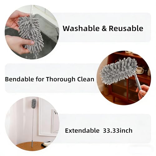 Microfiber Duster for Cleaning, GMLKRY Hand Washable Dusters with 3pcs Replaceable Microfiber Head, Extendable Pole, Detachable Cleaning Supplies for Office, Car, Window, Furniture (Gray) - color: Gray