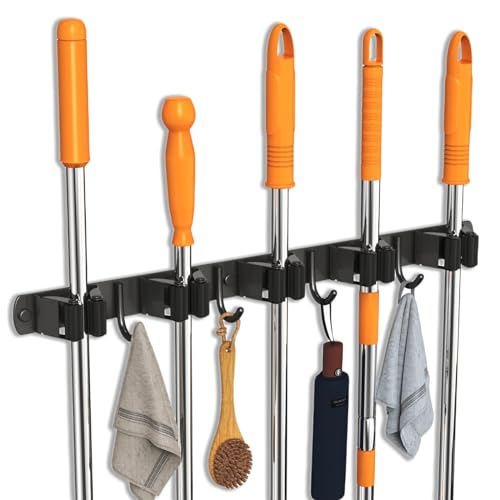 CUXIXA Mop and Broom Holder Wall Mount, Upgraded Broom Organizer Wall Mount, Stainless Steel Broom Hanger Wall Mount for Home Kitchen Garden Laundry Garage (5 Racks with 4 Hooks Black) - color: Black, size: 5 Racks with 4 Hooks