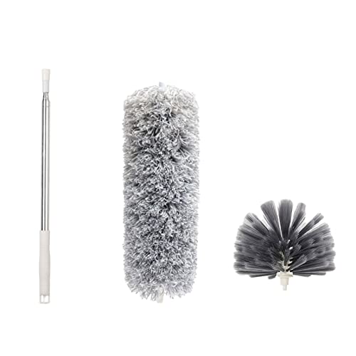Microfiber Feather Duster Extendable Duster with 100'' Extra Long Stainless Steel Pole and Wire Brush Head, Bendable Head & Long Handle Dusters for Cleaning Ceiling Fan, Blinds, Furniture, Cars