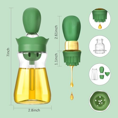 Oil Dispenser with Brush-2Pack 7oz/200ML 2 IN 1 Glass Cooking Oil Dispenser Bottle with Silicone Basting Brush for Kitchen, Oil Storage and Container for Cooking BBQ, Vinegar, Sauce, Air Fryer - Green - color: Green-2pcs