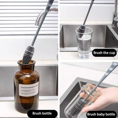 [Long-Handled Brush for Cleaning] Versatile Long-Handled Silicone Brush for Cups & Bottles - Reusable, Ideal for Kitchen, Bathroom, Car Cleaning, Bathroom Cleaning Tools（Grey） - color: Gray