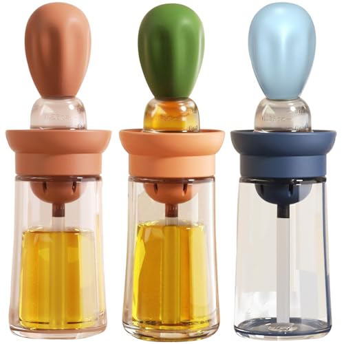 Oil Dispenser with Brush - 3 Pack Glass 2 IN 1 Oil Dispensing Bottle with Basting Brush for Cooking Frying Baking Kitchen, 180ml, T-OB21 Blue+Green+Red - color: Blue+Green+Red