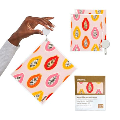Papaya Reusable Paper Towels, Premium Swedish Dishcloths with Hook, Non-Scratch Reusable Paper Towel, 1 Sheet Replaces 17 Rolls - 2 Sheets, 1 Hook - color: Mod Papayas