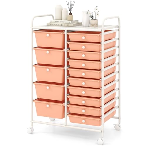 COSTWAY 15-Drawer Rolling Storage Cart, Mobile Utility Cart with Heavy-duty Frame & Lockable Wheels, Multipurpose Storage Organizer for Tools, Paper, Home, Office, School, Peach - color: Peach, size: 15 Drawer