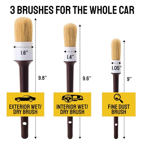 Car Detailing Brush Set 3-Pack - Soft Boar Hair Interior & Exterior Detailing Kit - Car Interior Cleaning Brushes for Leather, Piano Black Trim, Dashboards, Wheels and Engine Bay - Detail Dudes - size: 3 Pack(Starter)