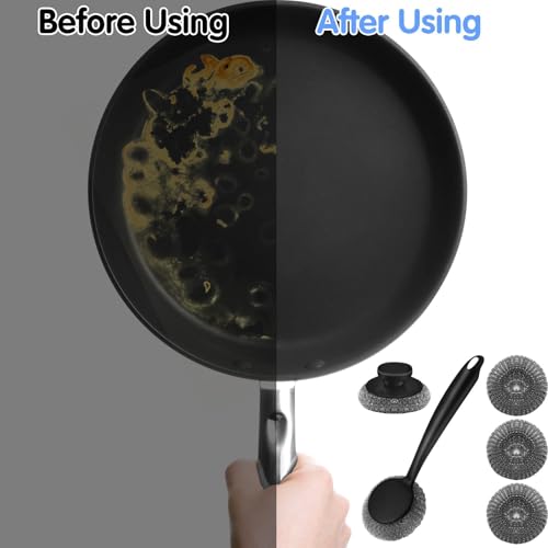 Scrubber with Handle Comes with Three Replacement Balls Steel Wool, Short Handle Scrubber, Steel Wool Scrubber Supplies Dish Scrubber, Stainless Steel Scrubber Tool Metal Scrubber for Dishes - color: 5pcs-1