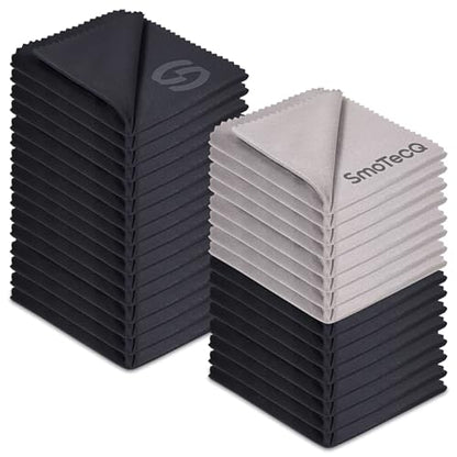 SmoTecQ 32 Pack Microfiber Cleaning Cloths for Glasses (Individually Wrapped) - Premium Optical Lens Cleaner for Screens, iPhone, iPad, Camera & Eyeglasses - Washable & Lint Free (Black & Grey) - color: 32 Pack – Black + Grey