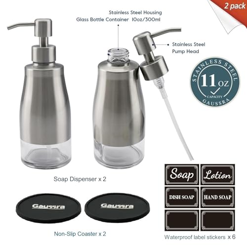 Gaussra 2 Pack Soap Dispenser with Coaster and Stickers, Stainless Steel Case Glass Liner Hand Pump Dispenser, Refillable Liquid Hand Soap Dispenser for Bathroom & Kitchen - Brushed Nickel - color: Brushed Nickel 2