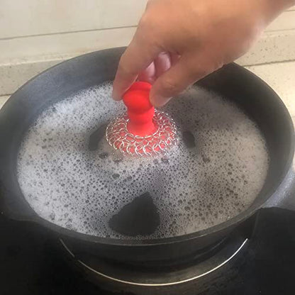 316 Upgraded Chainmail Scrubber with Silicone Handle Cast Iron Cleaner for Cast Iron Grill Pan Skillet Wok Bakeware Ergonomic to Hold Easy to Use Dishwasher Safe, Scrubber + Scraper + Towel (Red) - color: Red